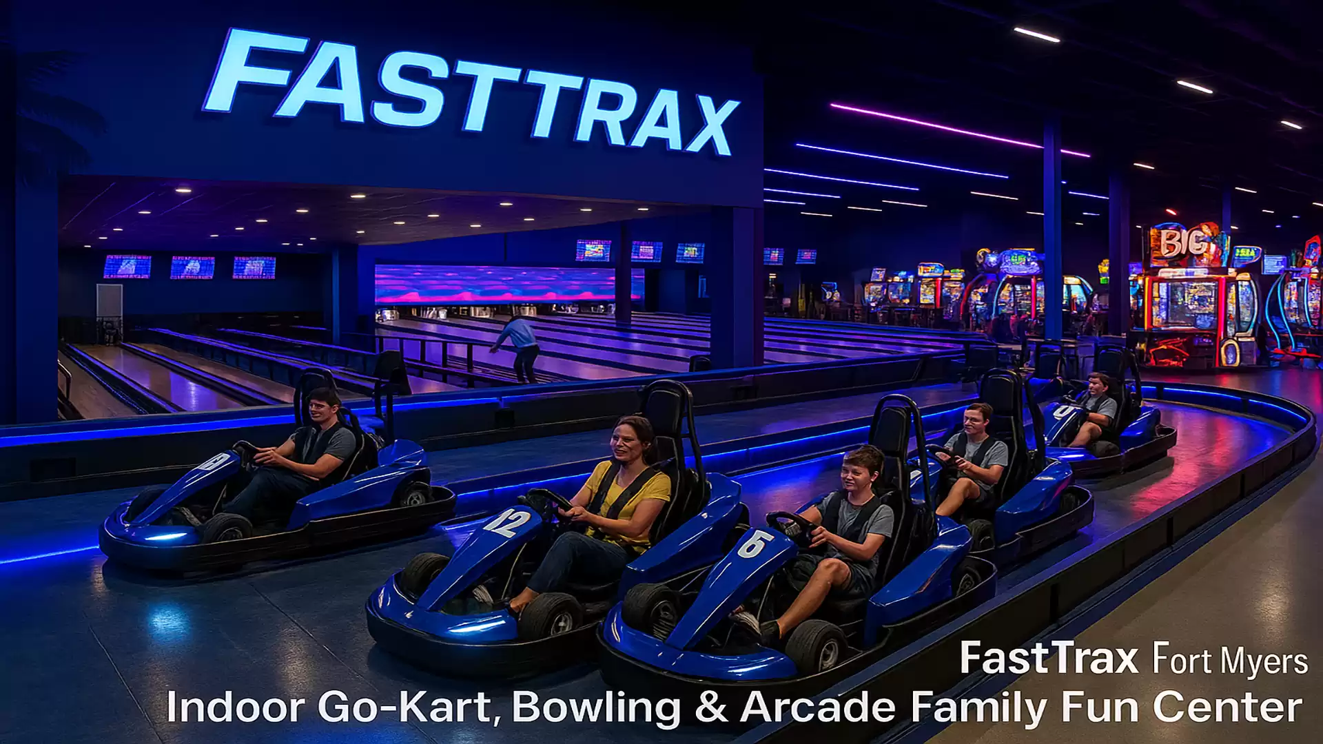 A group of people driving go-karts in an indoor entertainment facility with bowling lanes and arcade games in the background at FastTrax in Fort Myers.