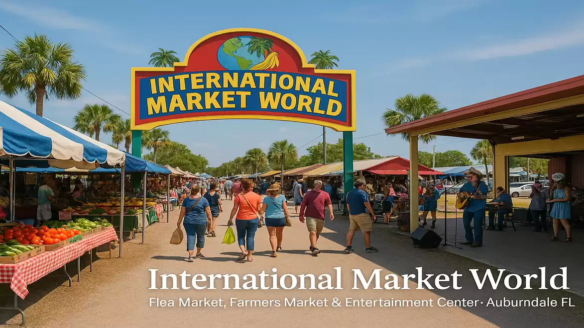 Entrance of International Market World, a flea and farmers market in Auburndale, Florida. People walk by as market stalls offer fresh fruits and products.