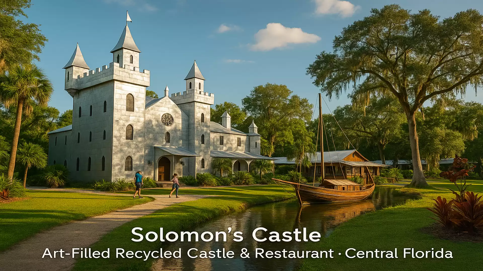Image of Solomon's Castle, an art-filled recycled castle and restaurant in Central Florida, surrounded by lush greenery and a waterway.