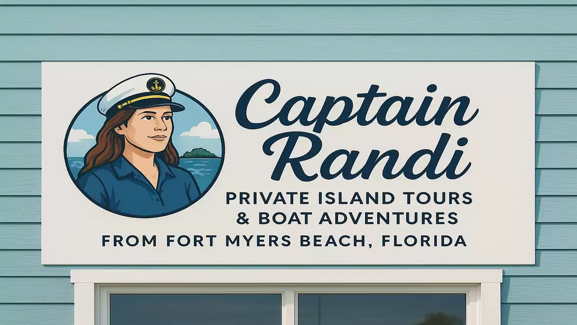 Sign reading 'Captain Randi - Private Island Tours & Boat Adventures from Fort Myers Beach, Florida'. The sign features a woman in a captain's uniform.