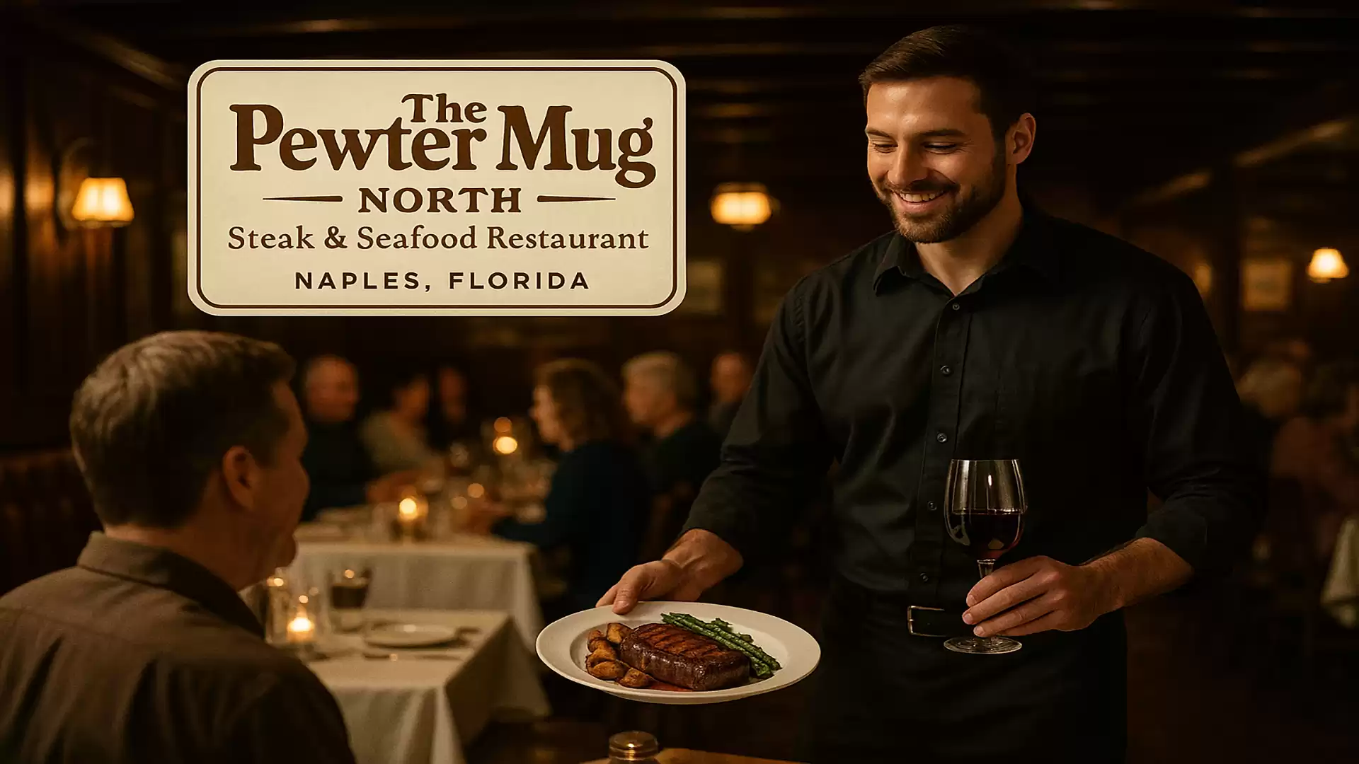 A waiter serves a steak dish in a cozy restaurant with the text 'The Pewter Mug North' in the background.