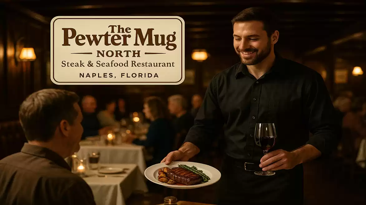 A waiter serves a steak dish in a cozy restaurant with the text 'The Pewter Mug North' in the background.