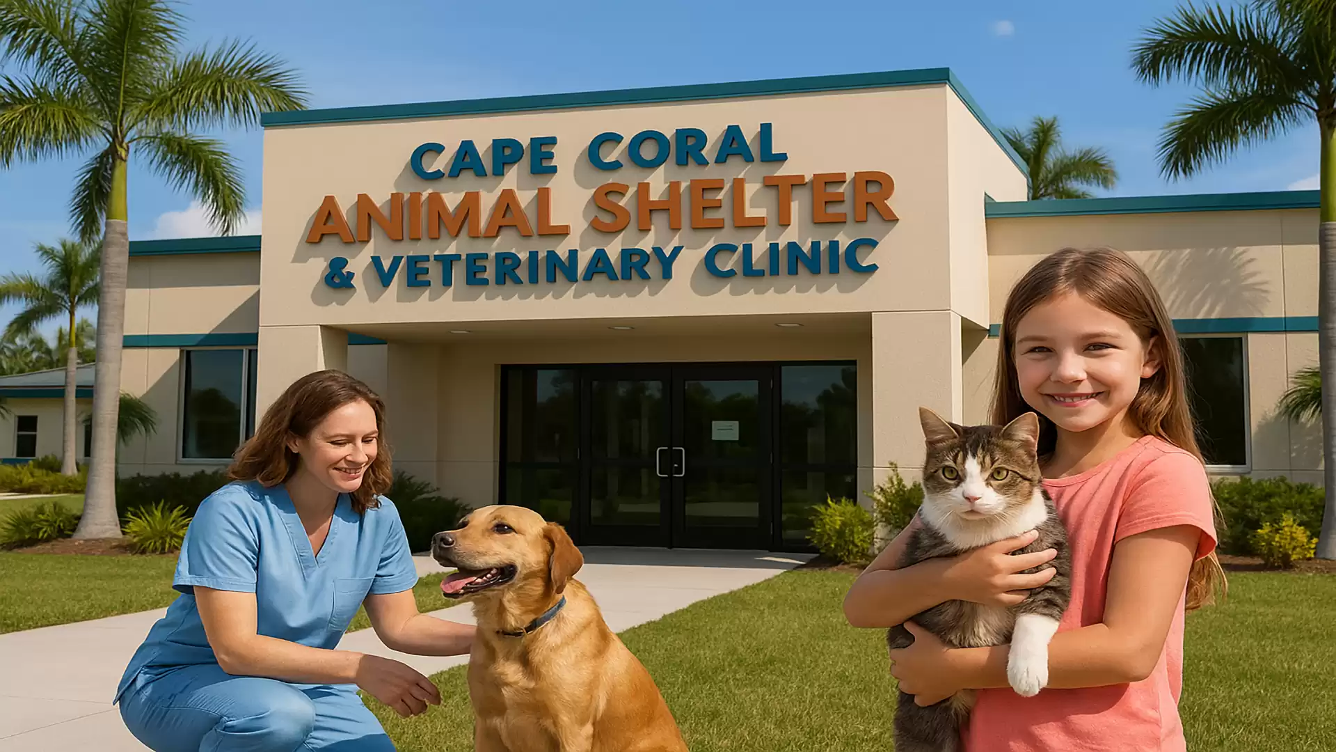 A veterinarian kneels next to a dog in front of an animal shelter, while a girl holds a cat. In the background is the Cape Coral Animal Shelter and Veterinary Clinic.