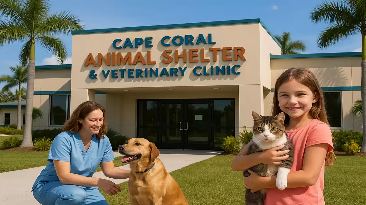 A veterinarian kneels next to a dog in front of an animal shelter, while a girl holds a cat. In the background is the Cape Coral Animal Shelter and Veterinary Clinic.