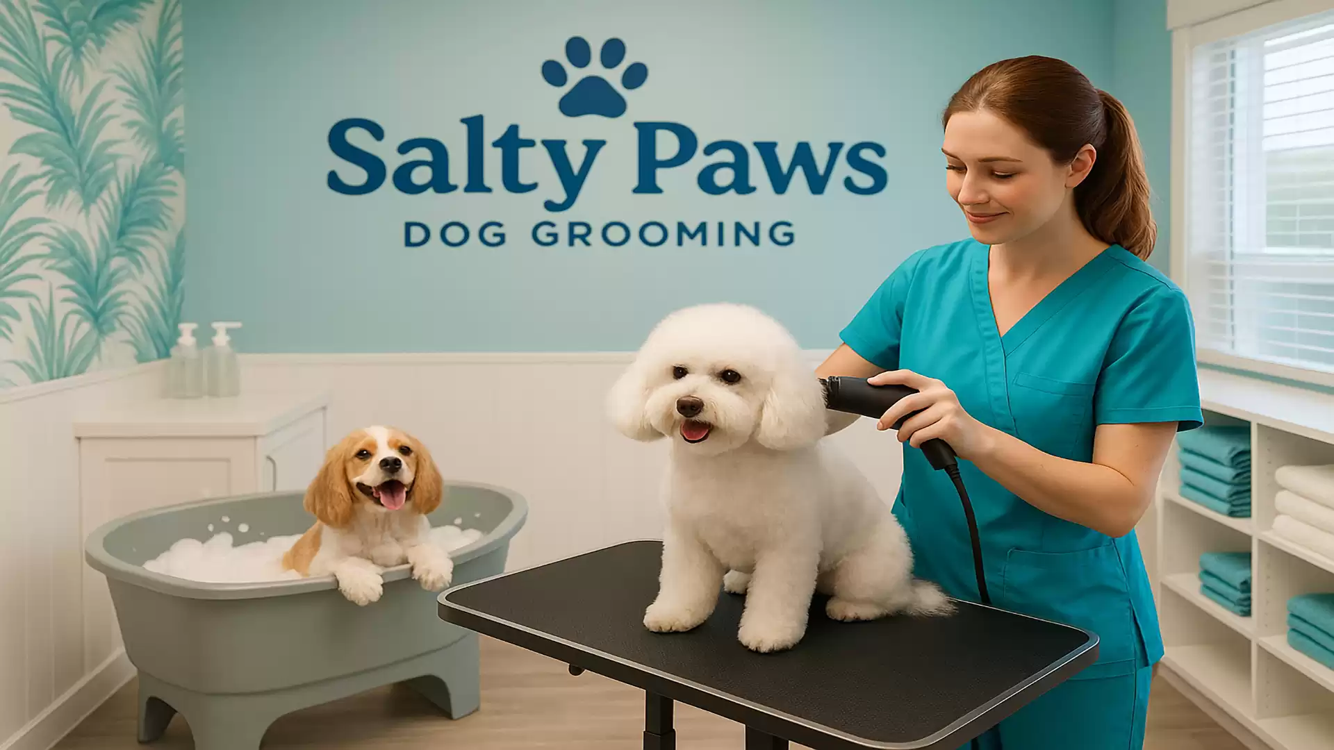 Dog grooming scene with a dog in the bathtub and another dog on a grooming table. An employee is grooming the dog on the table.