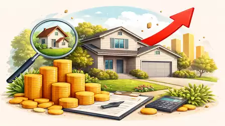 Illustration of a house with a magnifying glass and coins representing rising real estate values.