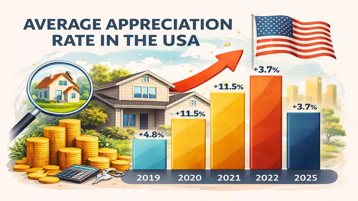 Infographic depicting average appreciation rate in the USA from 2019 to 2025 with rising arrow graphic, stacks of coins, magnifying glass, houses, and US flag.