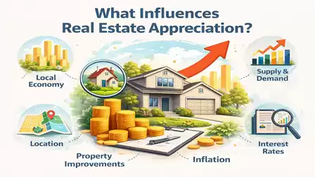 Diagram showing factors influencing real estate appreciation: local economy, supply and demand, location, property improvements, inflation, and interest rates.