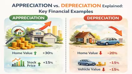 The image compares appreciation and depreciation using financial examples. On the left, a house and coins illustrate appreciation. On the right, a house and a car represent depreciation.