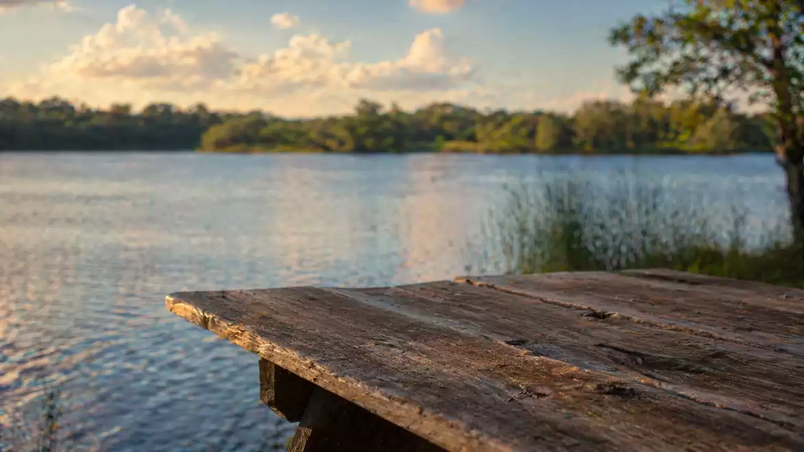 Rustic wooden table overlooking a calm lake at sunset, surrounded by trees.