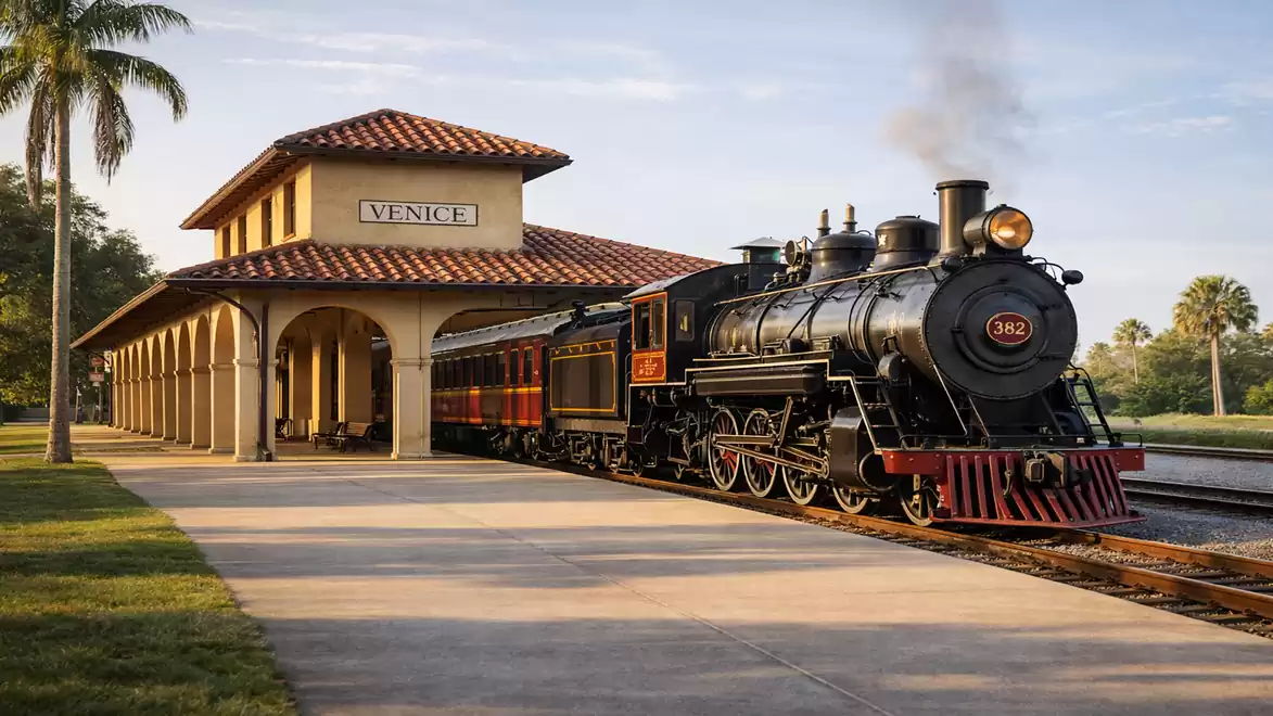 Historic steam locomotive at a sunny train station with palm trees in the background.