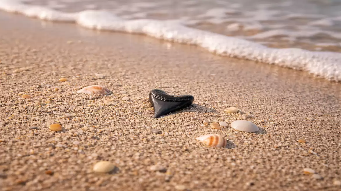 A shark tooth lies on a sandy beach, surrounded by some shells and gentle waves in the background.