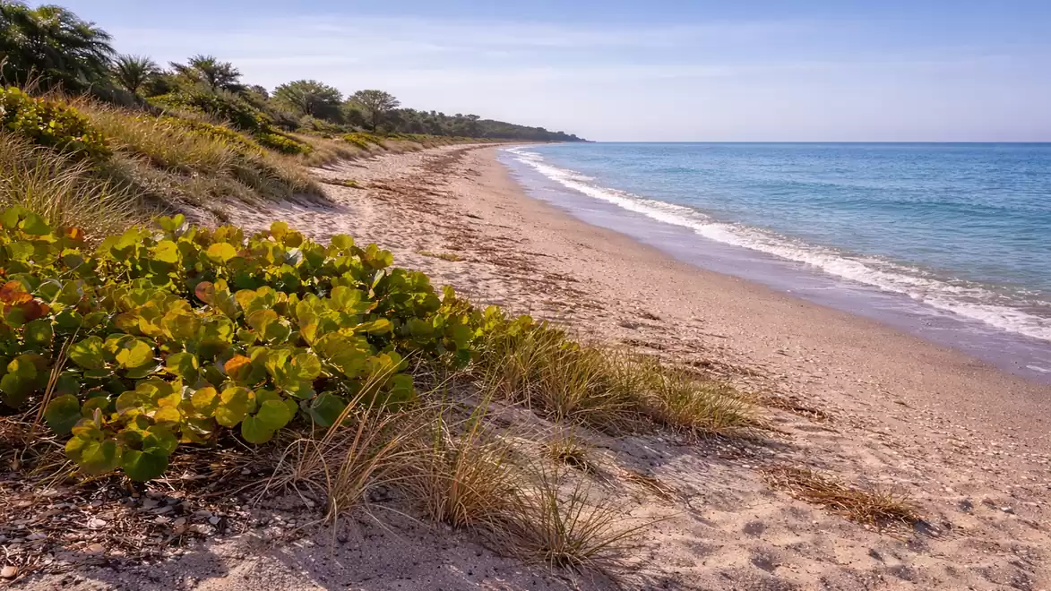 An idyllic beach with clear blue water and lush vegetation along the shore under a blue sky.