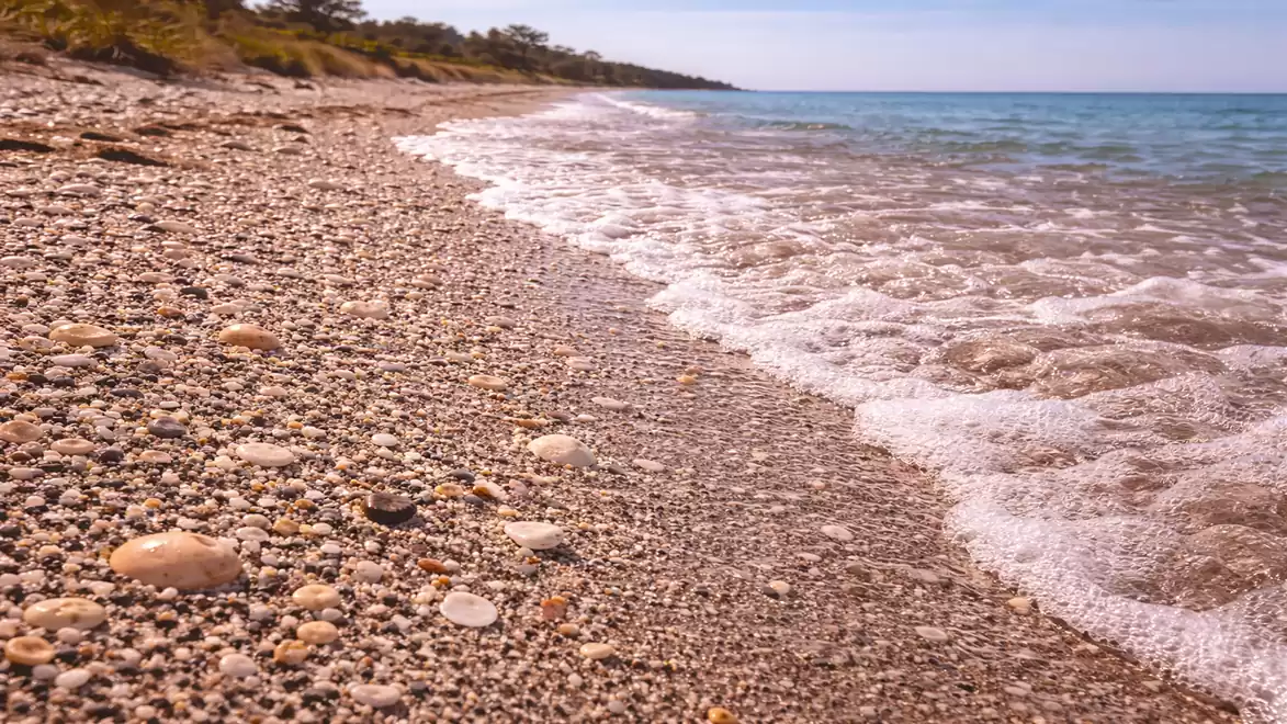 Rocky beach with gentle waves in sunny weather.