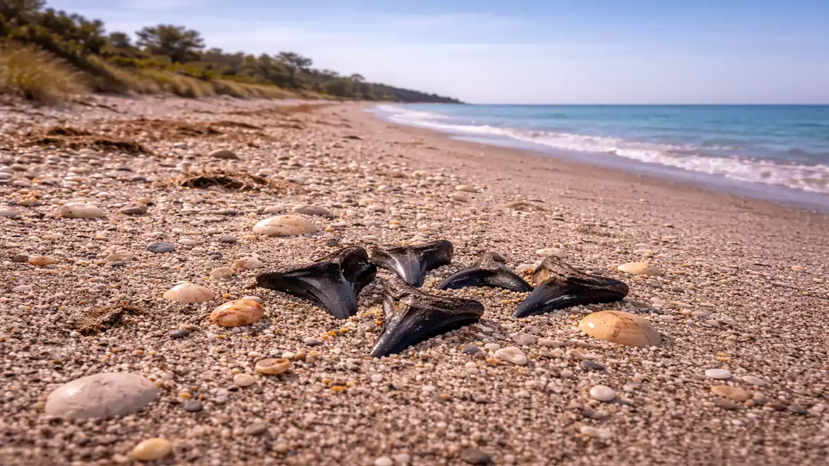 Shark teeth scattered on the sandy, pebble-covered beach under clear blue sky.