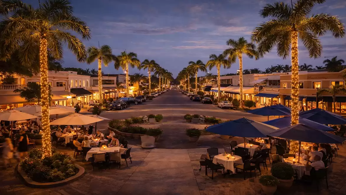 Evening street scene with illuminated palm trees and people dining in open-air restaurants.