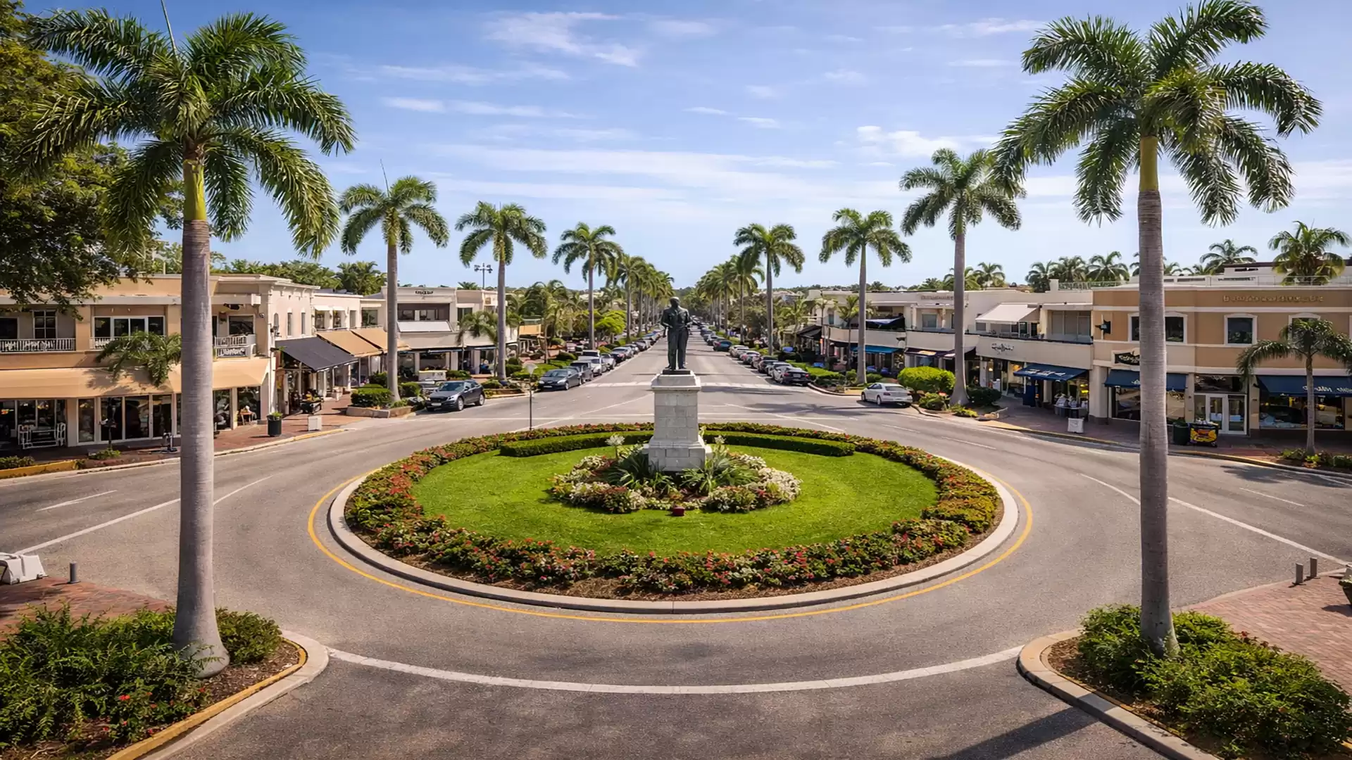 Roundabout with a statue in the center, surrounded by palm trees and shops on both sides of a busy street.