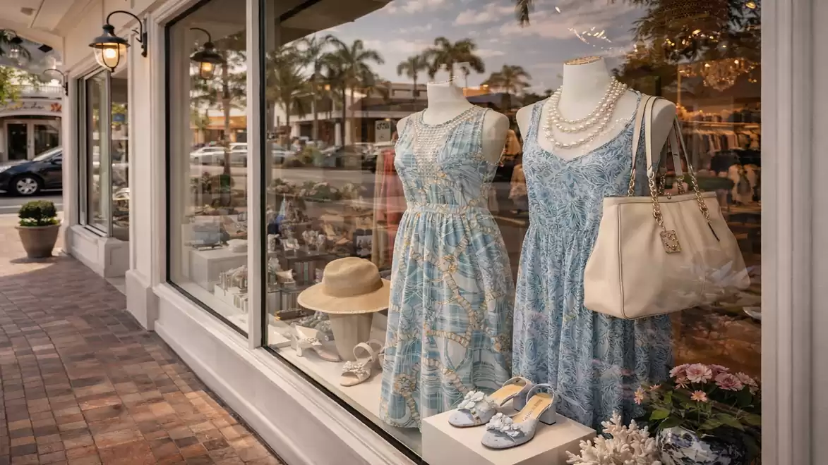 A shop window display featuring two mannequins in blue summer dresses, adorned with pearl necklaces. Nearby are accessories like a handbag and sun hats. The glass facade reflects a sunny street with palm trees.