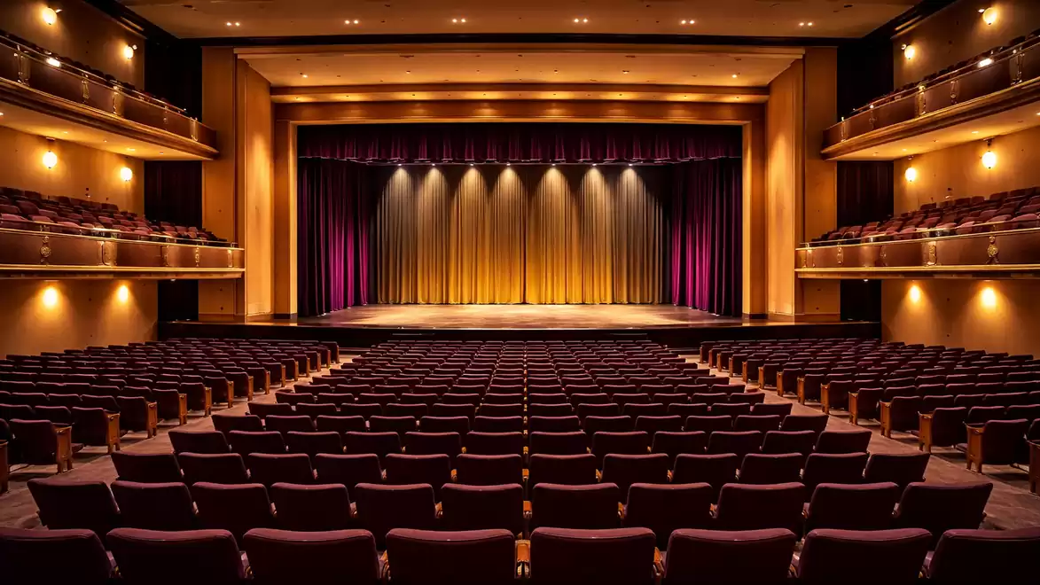 Empty theater hall with red seats and illuminated stage.