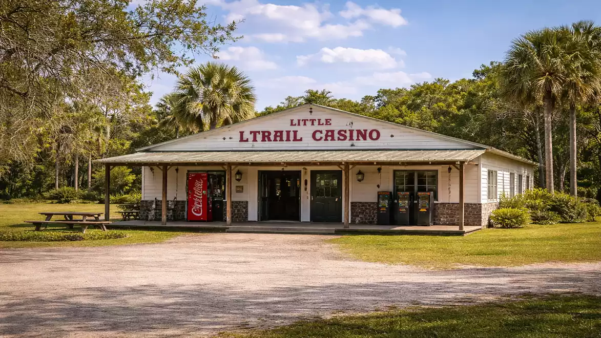 A small building labeled 'Little Trail Casino', surrounded by trees and grass, with a Coca-Cola vending machine on the side.