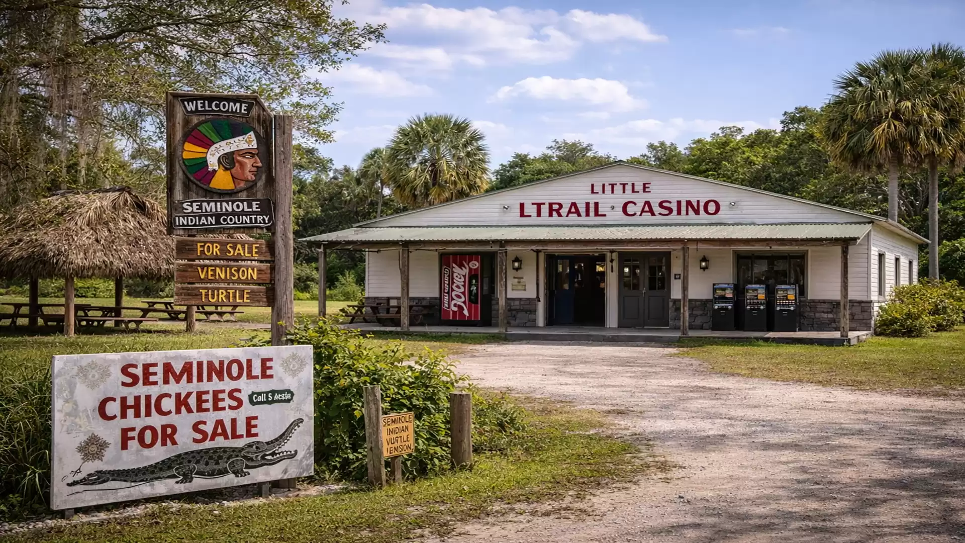A small, standalone casino named Little L Trail Casino, surrounded by green vegetation. A sign offers Seminole Chickees for sale.