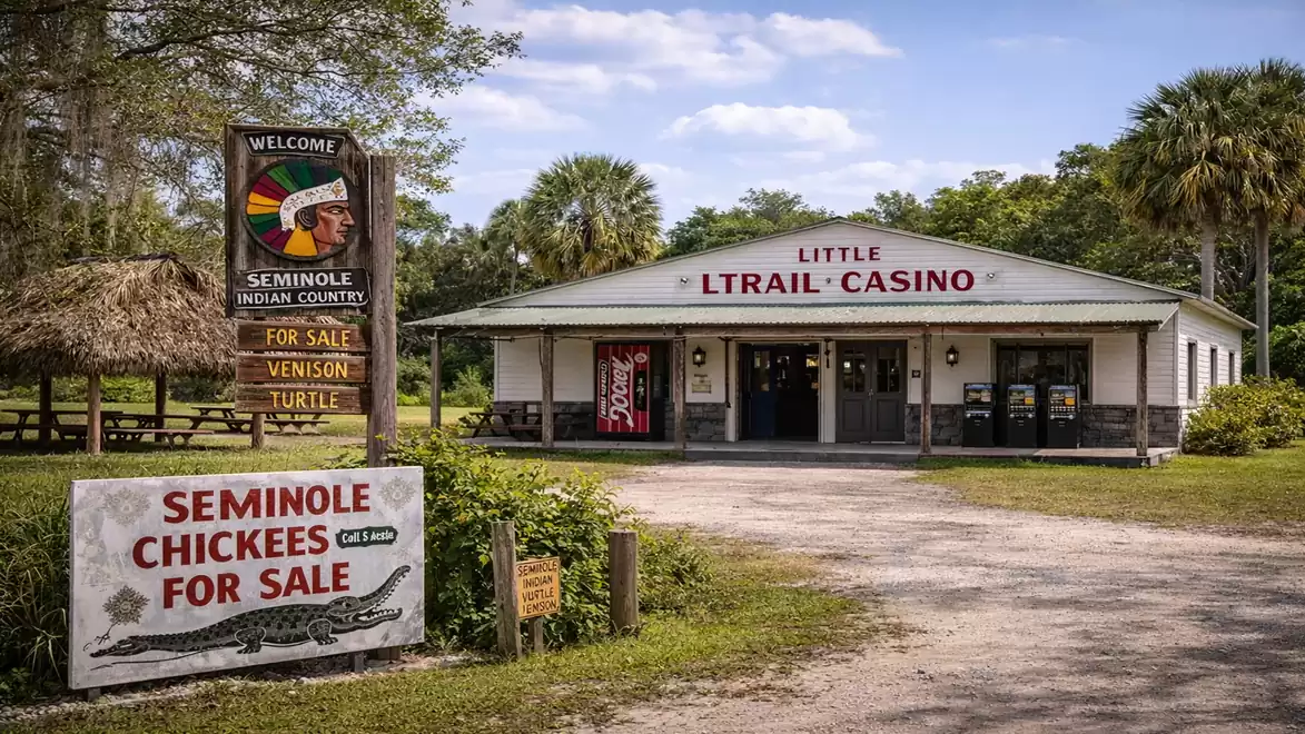 A small, standalone casino named Little L Trail Casino, surrounded by green vegetation. A sign offers Seminole Chickees for sale.