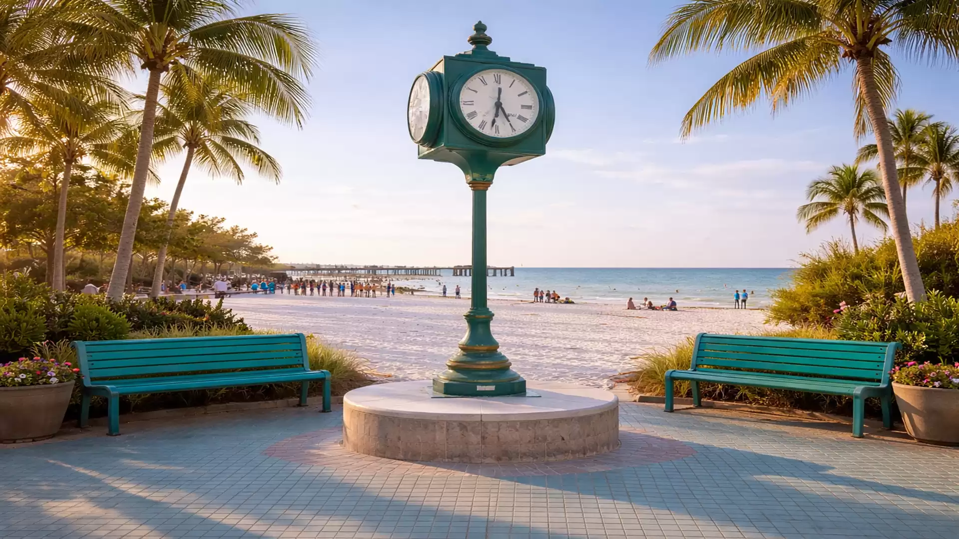 A picturesque beach at sunset featuring a decorative clock in the center, surrounded by green park benches and palm trees.