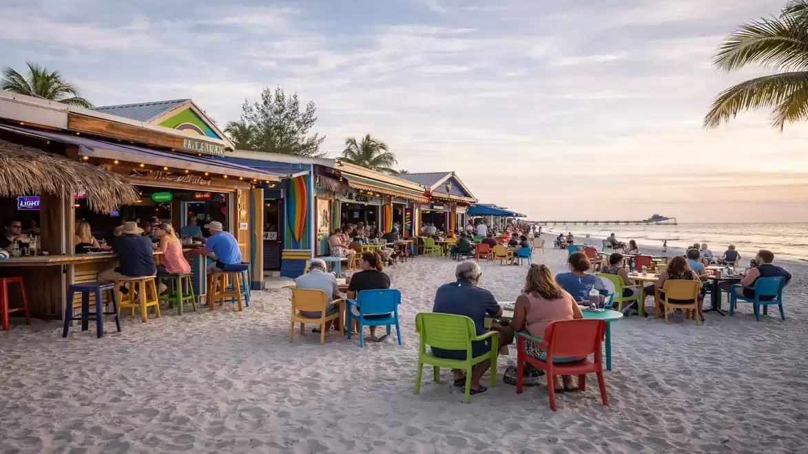 Visitors enjoying a meal at colorful beach bars during sunset, with palm trees and a pier in the background.