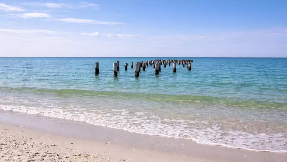 Clear blue water with old wooden posts on the beach under a sunny sky.
