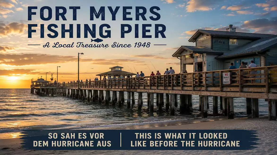 Fort Myers Fishing Pier at sunset with people on the pier, photographed before a hurricane.