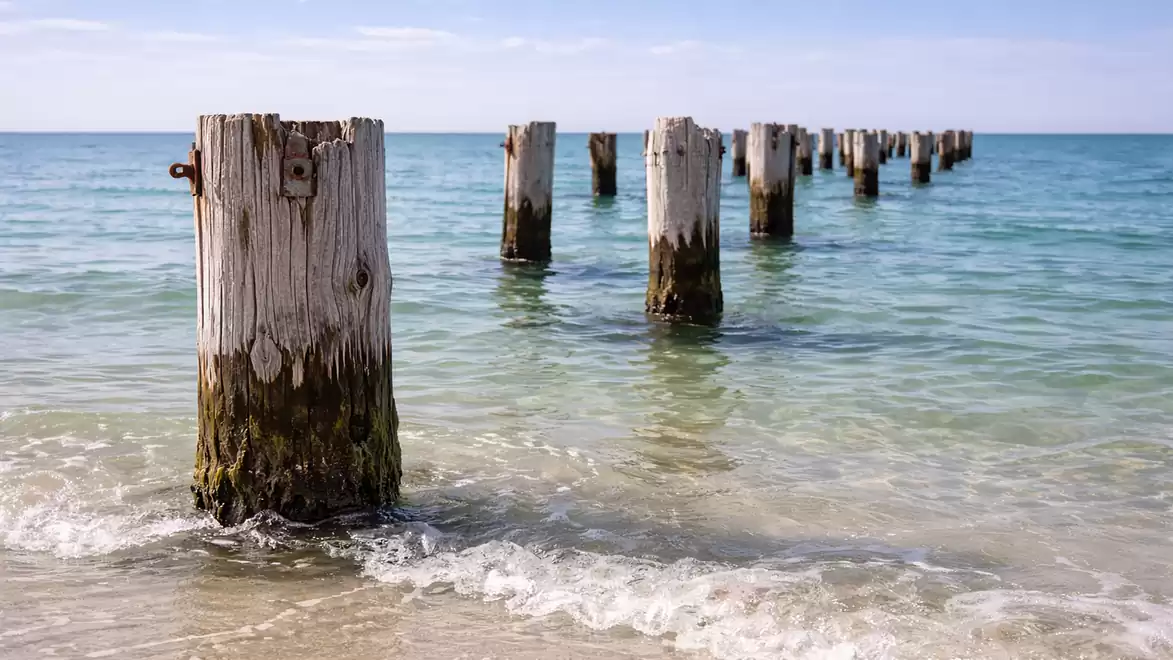 Old wooden posts protrude from the clear blue water under a sunny sky.