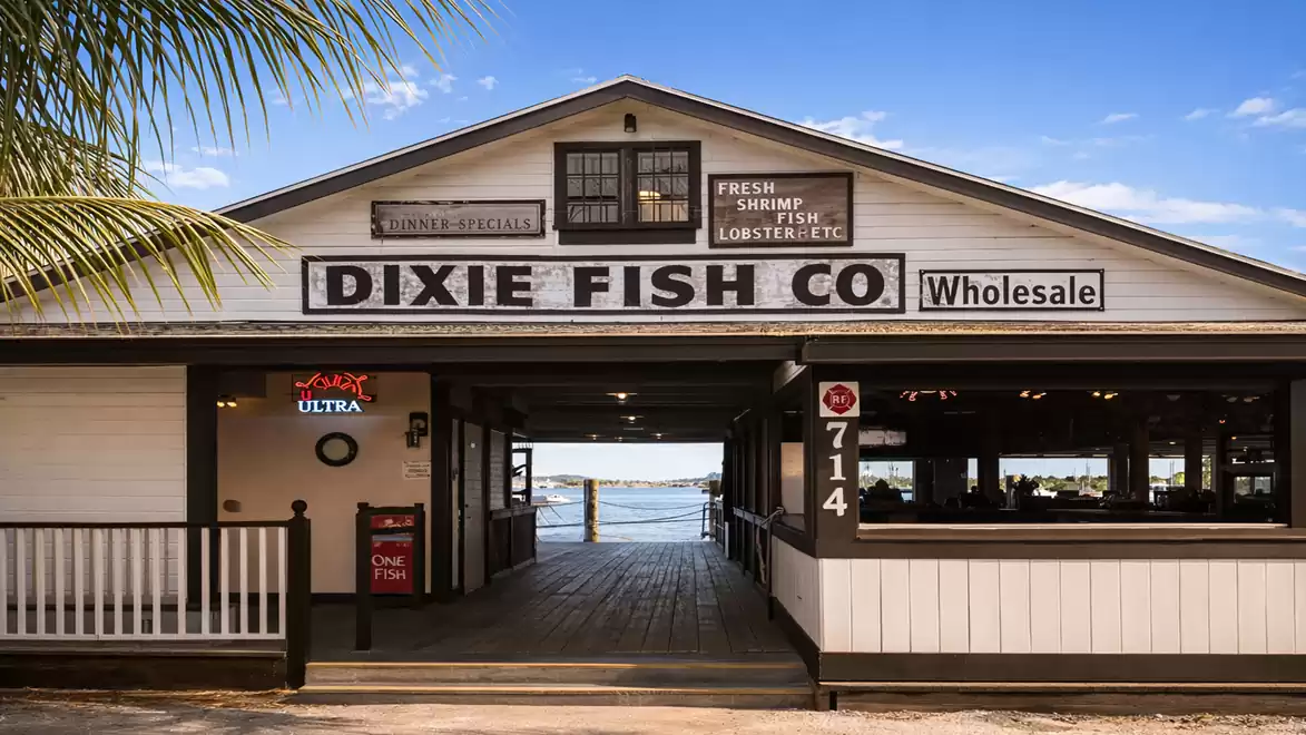 Exterior view of Dixie Fish Co, a rustic waterfront fish market with palm trees and wooden beams.