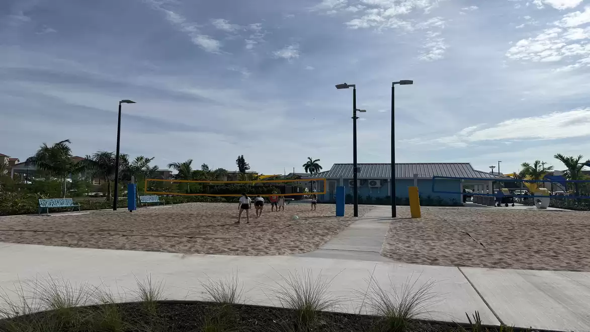 Beach volleyball court with players under a blue sky and palm trees in the background
