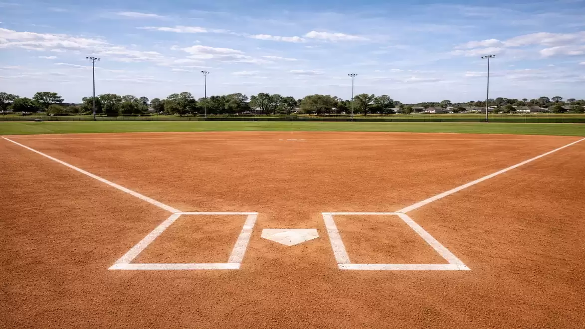 Empty baseball field with red dirt and white markings, surrounded by green landscape and blue sky.