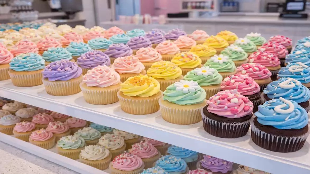 A variety of colorful cupcakes on a table in a bakery. The cupcakes are decorated in various pastel colors with different frosting patterns.