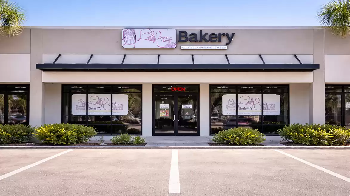 Exterior view of a modern bakery with large windows and a clearly visible bakery sign.