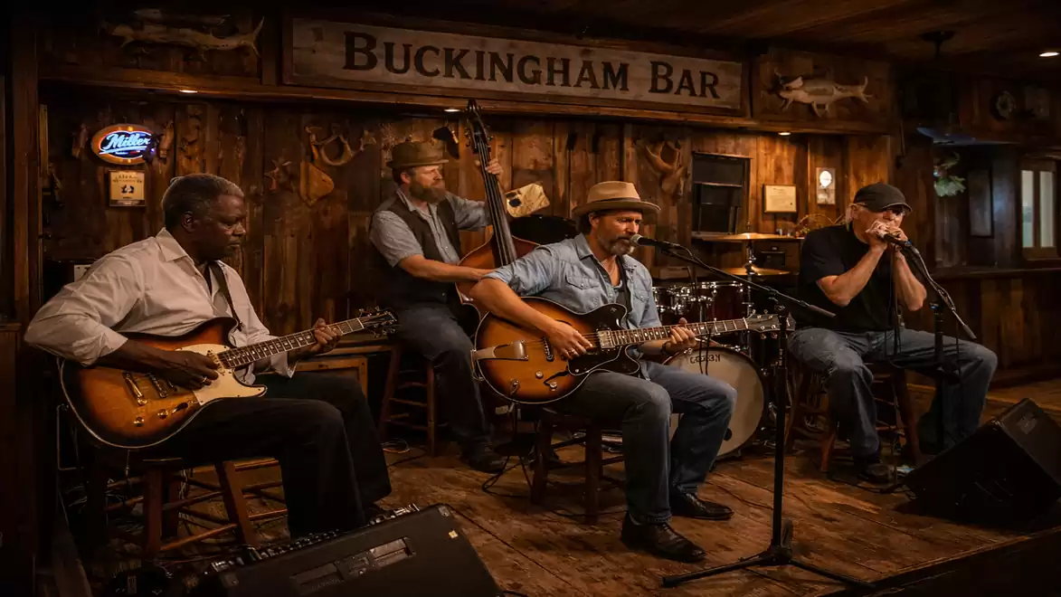 A blues band performs live at the Buckingham Bar. Four musicians with guitars, double bass, and harmonica in a cozy wooden setting.