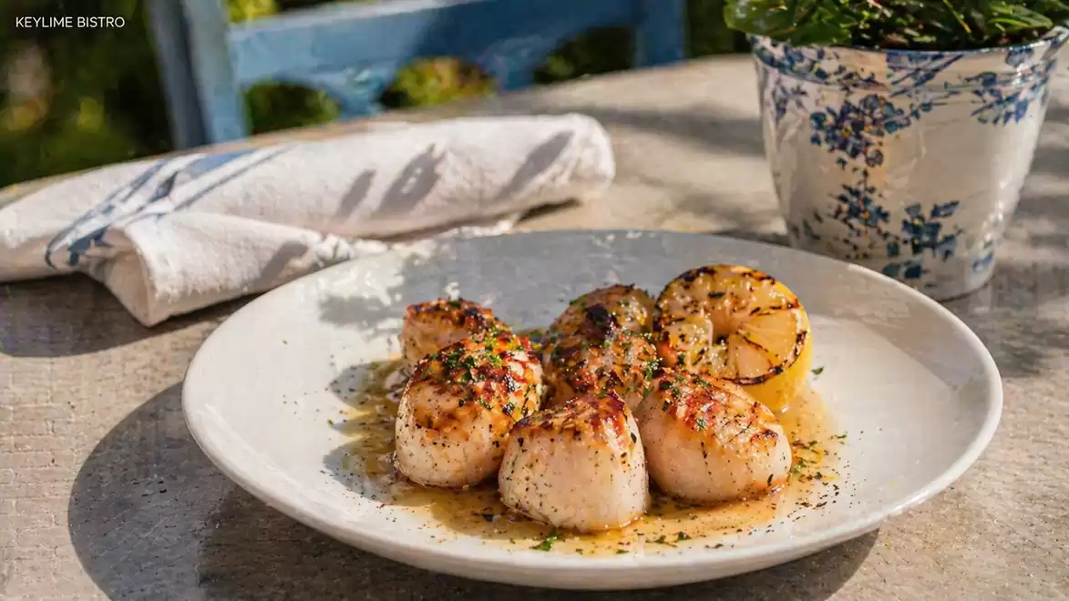 A white plate with grilled scallops, garnished with herbs and spices. In the background, a blue chair and a white cloth on a table.