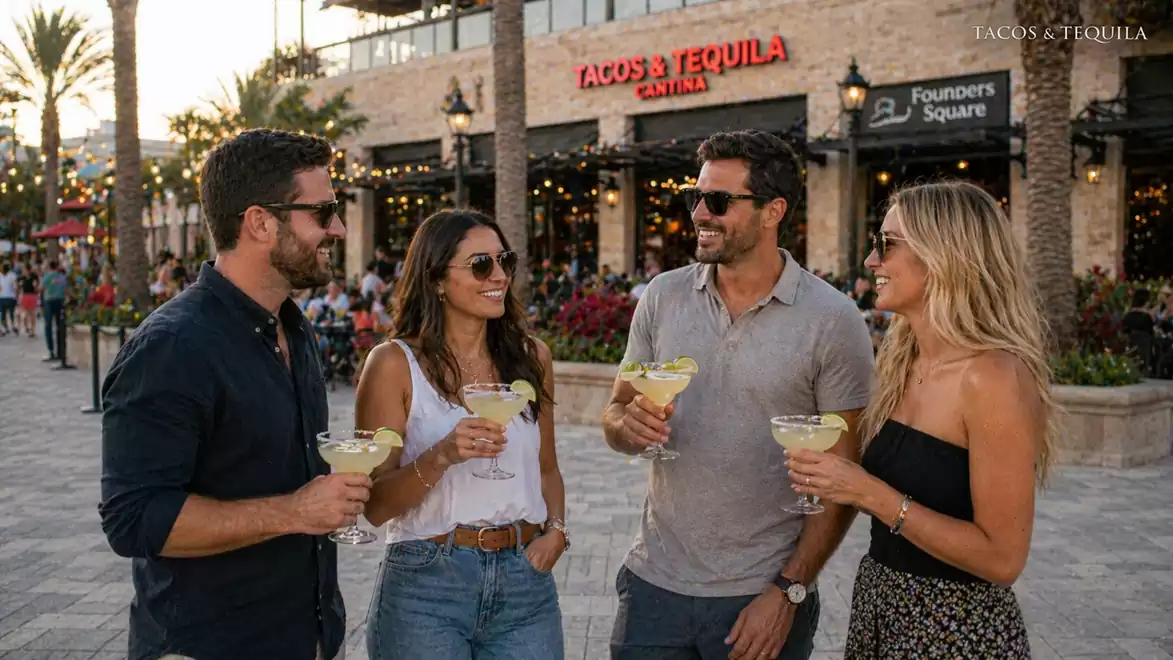 Four friends are standing outside a restaurant named 'Tacos & Tequila', enjoying margaritas on a sunny day.