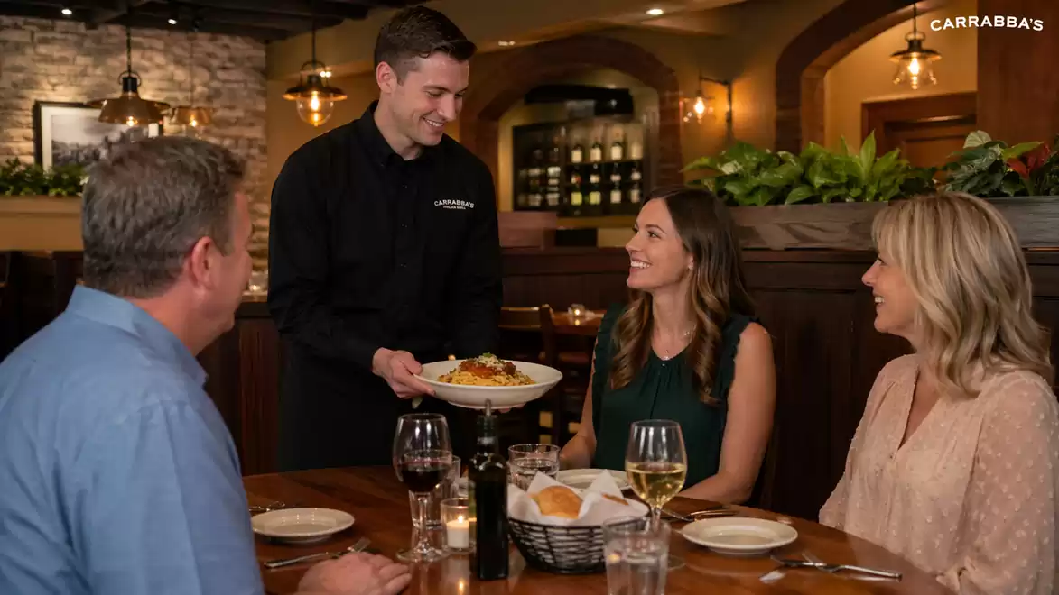 A restaurant scene with four people at a table, a waiter serving a dish, and a cozy atmosphere.