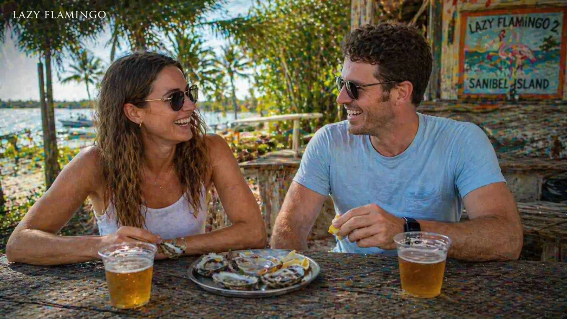 A man and a woman are laughing and enjoying an outdoor meal with two drinks and a plate of food in front of them in a tropical setting.