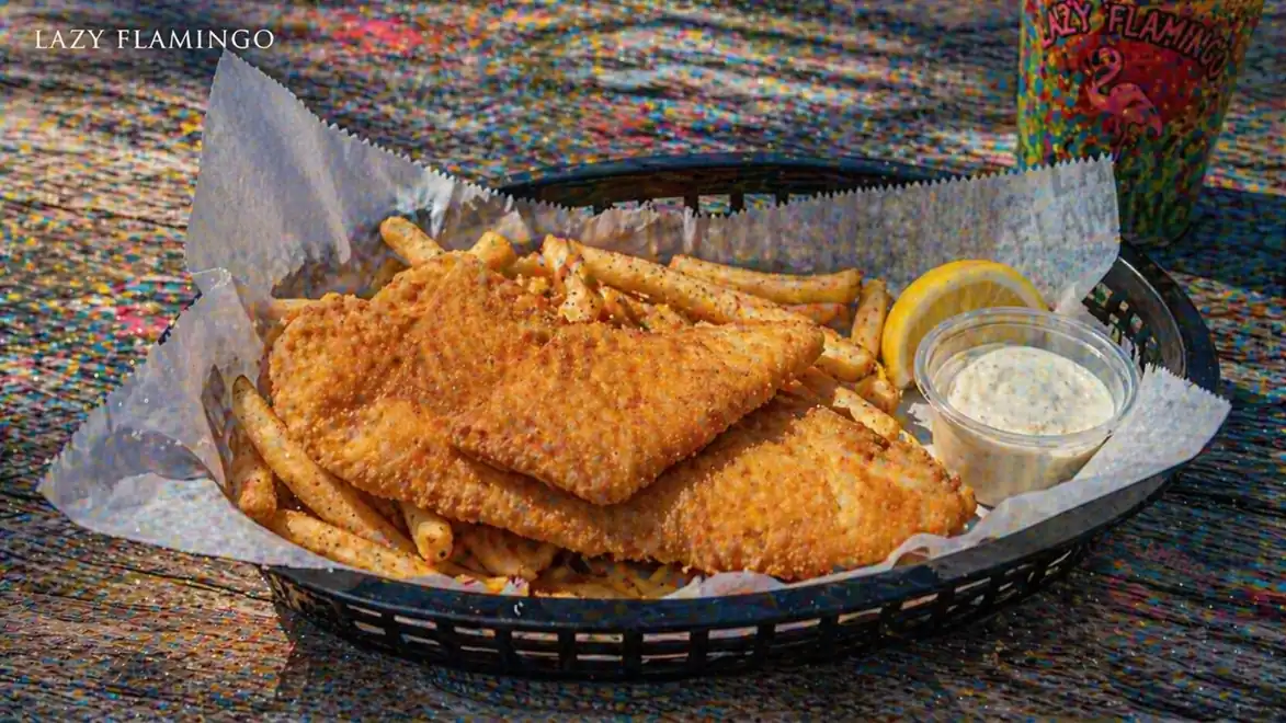 A plate of crispy fried fish and fries is served on a table, accompanied by lemon slices and a portion of tartar sauce.