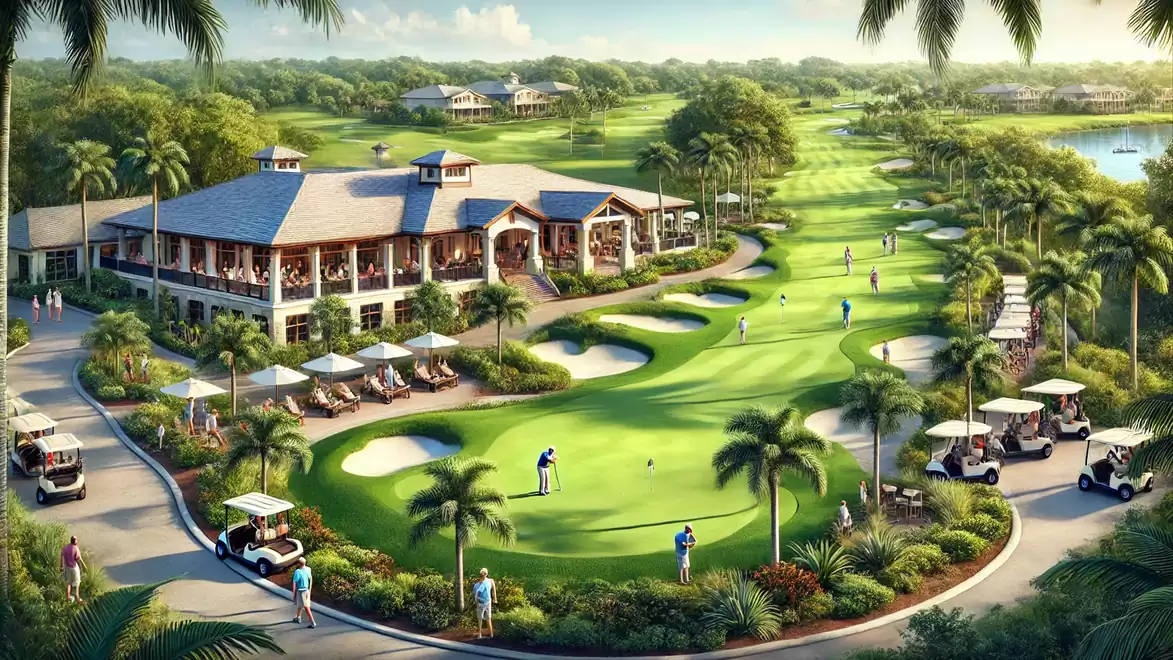 Aerial view of a picturesque golf course with a clubhouse, golfers on the green, and golf carts under palm trees.