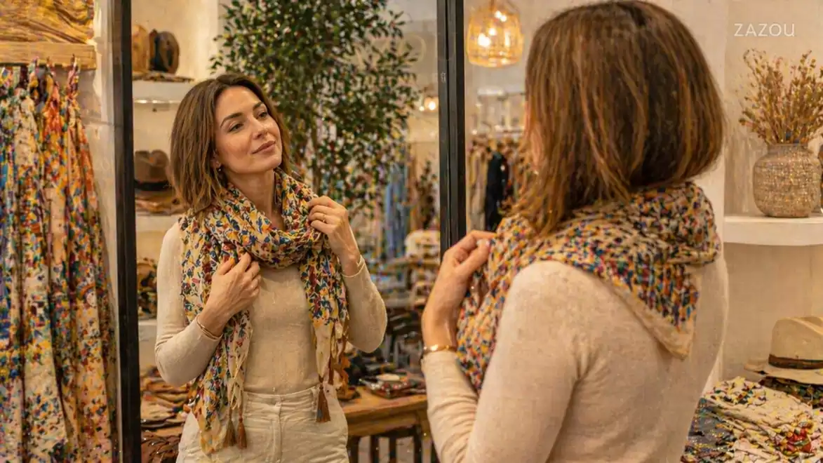 Woman trying on a scarf in front of a mirror in a well-lit room, surrounded by hats and decorations.