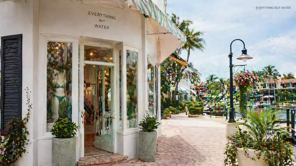 A picturesque shop labeled 'Everything But Water' on a sunny promenade with palm trees and flowers.