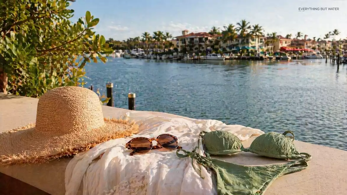 A straw hat, sunglasses, and green bikini lying on a wall overlooking a picturesque harbor with palm trees and boats in the background.