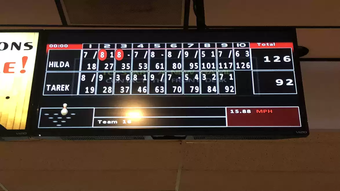 A digital scoreboard in a bowling alley displays the game results of Hilda and Tarek with a total score of 126 to 92.