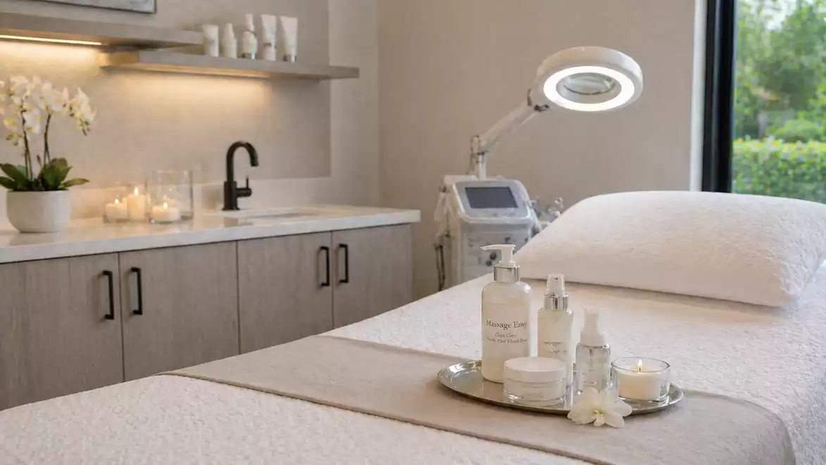 A stylishly decorated wellness room with a white massage table, surrounded by candles and skincare products, and a window overlooking greenery.