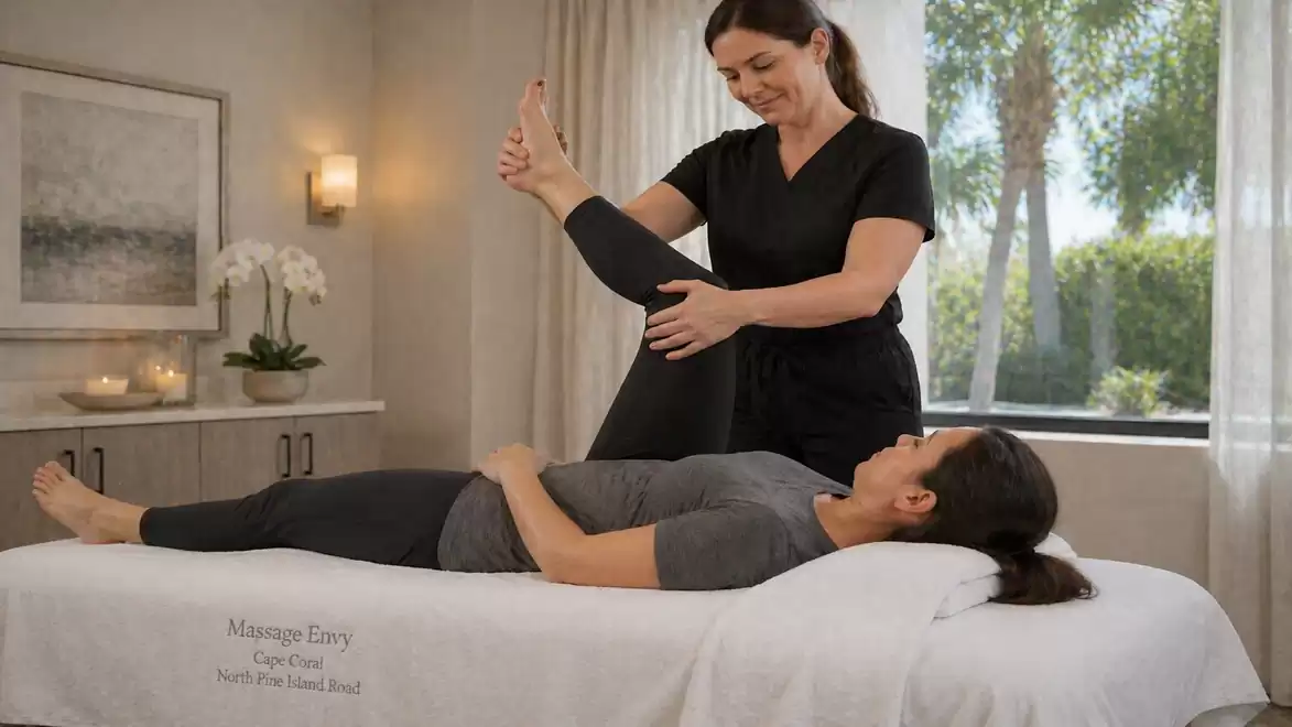 A therapist is performing stretching exercises with a client on a massage table. The room is warmly decorated with plants and art on the walls.