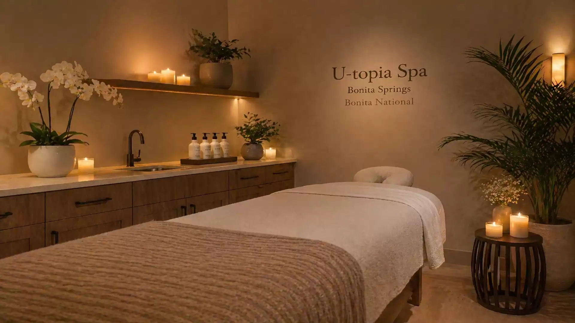 A cozy spa room with a massage table, soft lighting, candles, and plants. Relaxing atmosphere at U-topia Spa in Bonita Springs.